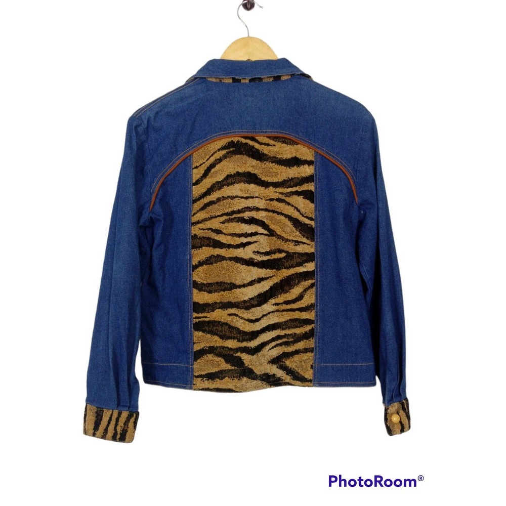 Y2K Erin London Stretch Denim Zebra Jacket Small Wild Animal Print Jean Bratz - Picture 6 of 8